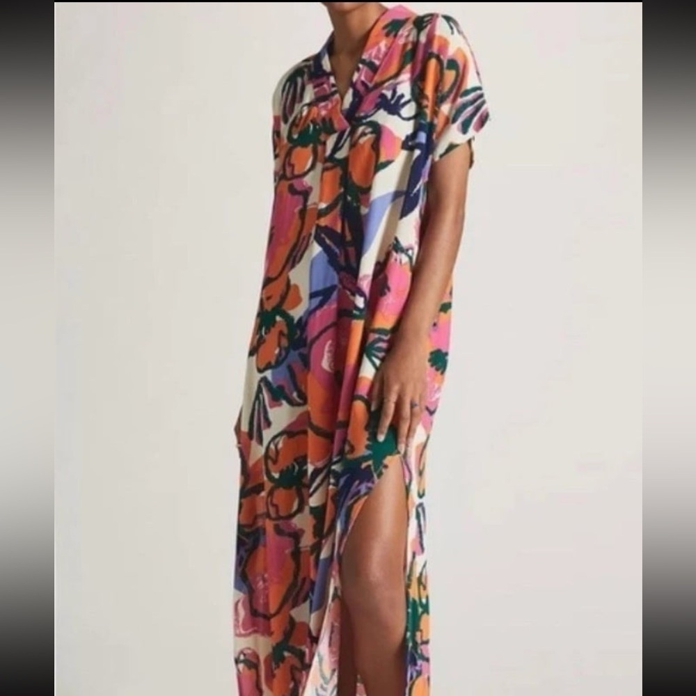 Anthropology Bel Kazan Poppy Short Sleeve VNeck Side Slit Maxi Kaftan Dress XS/S - Picture 2 of 10